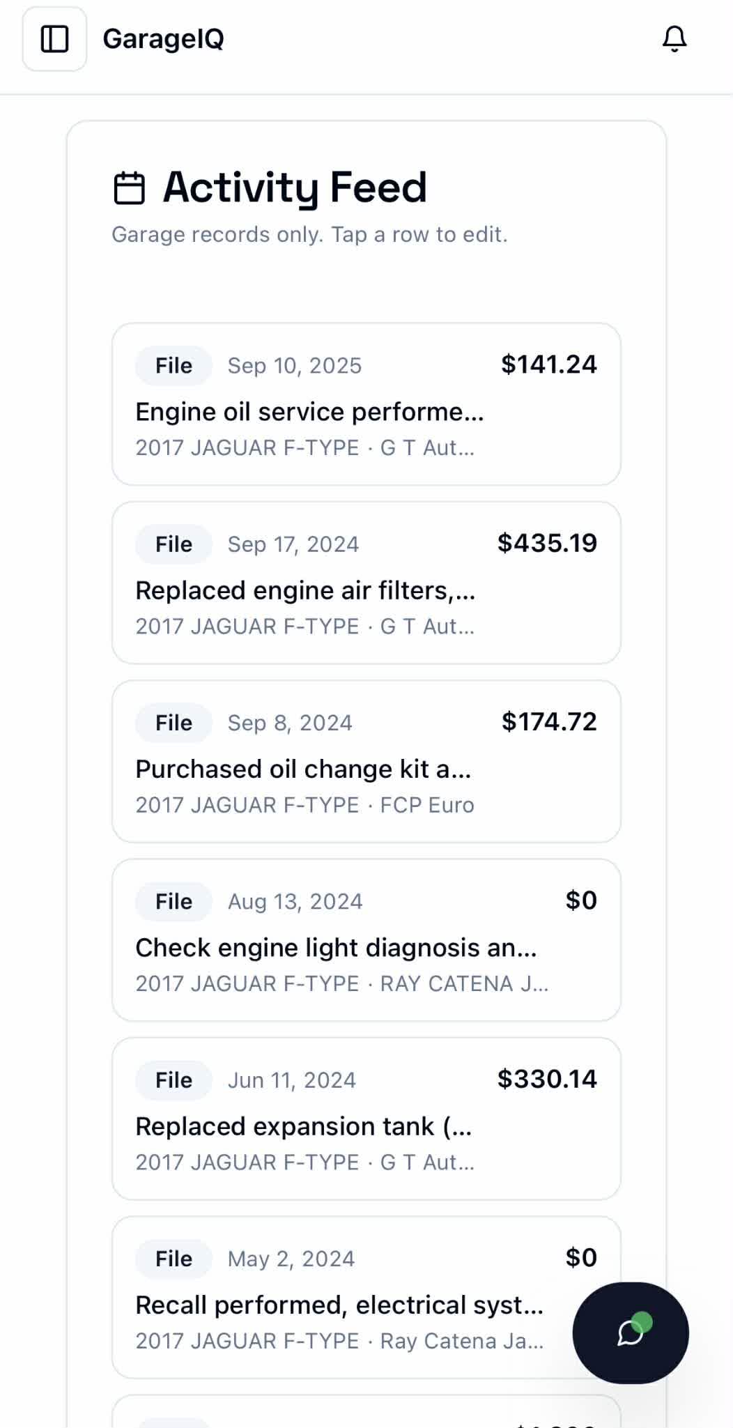 GarageIQ activity feed of garage service records