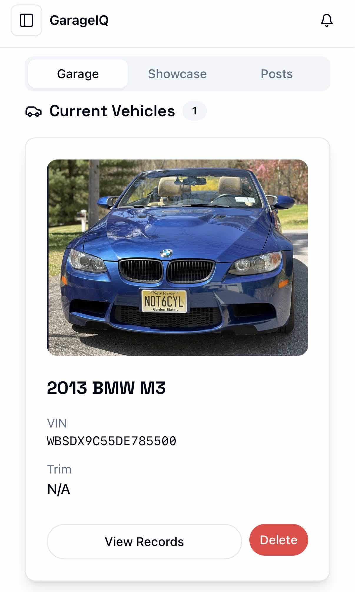 GarageIQ current vehicles on a profile garage tab