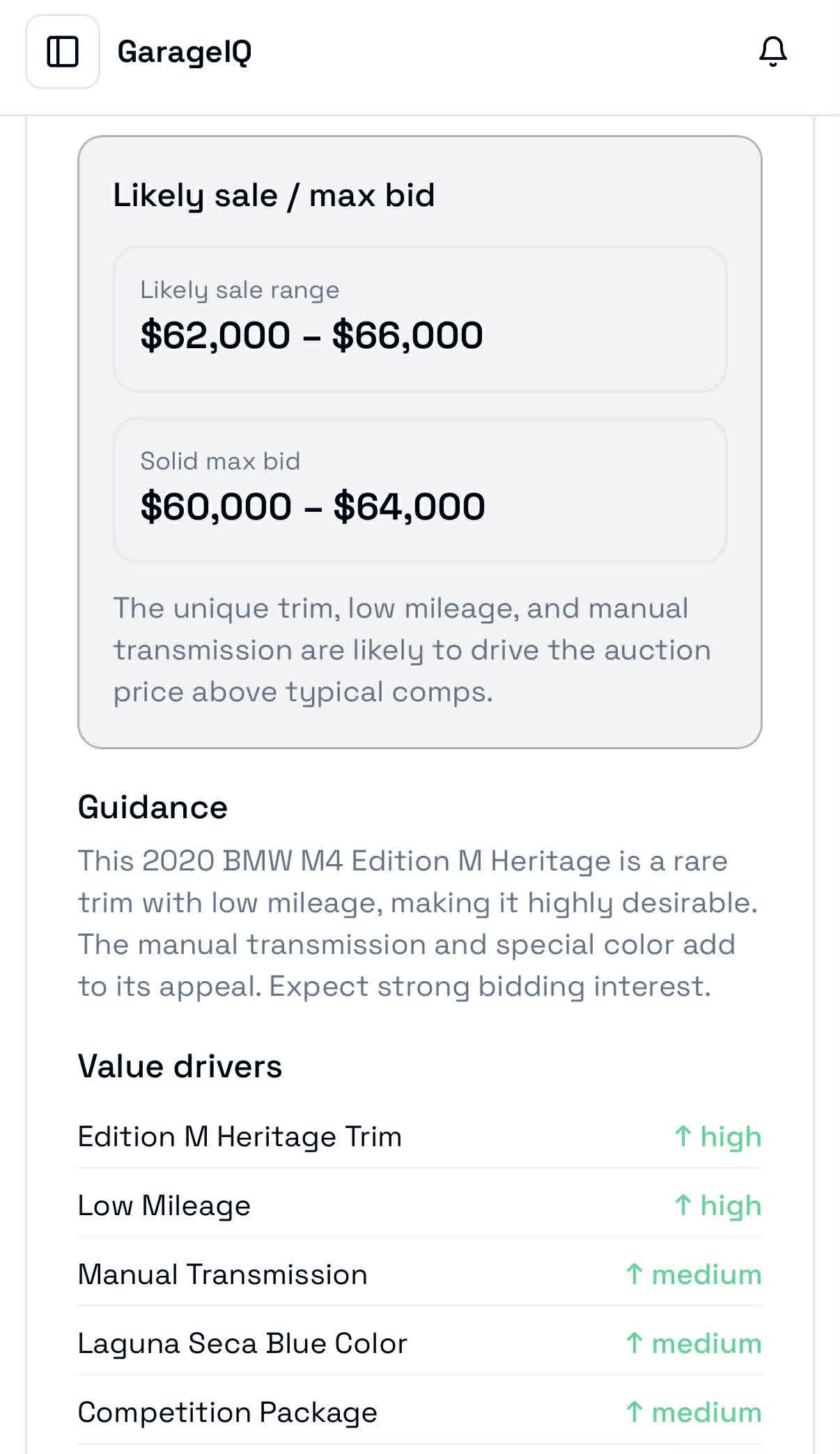 GarageIQ Shopping List evaluation with likely sale range, solid max bid, guidance, and value drivers