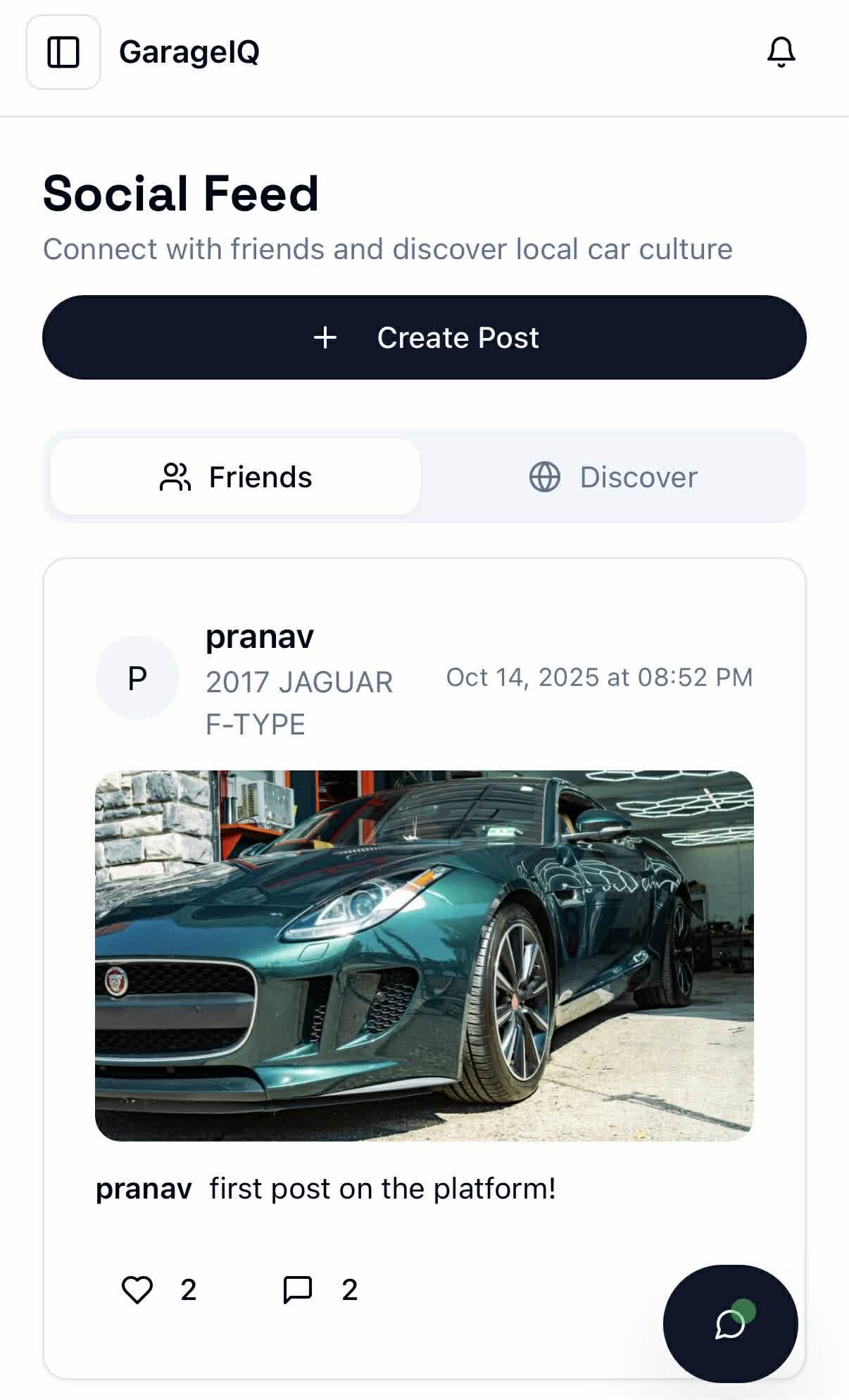 GarageIQ social feed with friends posts